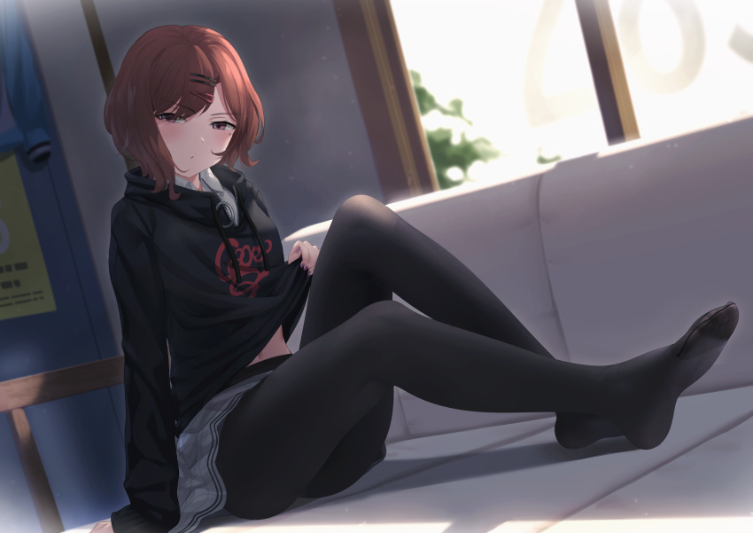 1girl absurdres bangs black_legwear black_sweater blush brown_hair clothes_lift collared_shirt couch eyebrows_visible_through_hair feet full_body grey_skirt hair_ornament hairclip highres higuchi_madoka idolmaster idolmaster_shiny_colors indoors knees_up lifted_by_self long_sleeves looking_at_viewer midriff_peek mole mole_under_eye nail_polish no_shoes on_couch pantyhose parted_lips plaid plaid_skirt purple_eyes purple_nails shirt short_hair sitting skirt solo sweater sweater_lift too-ye window