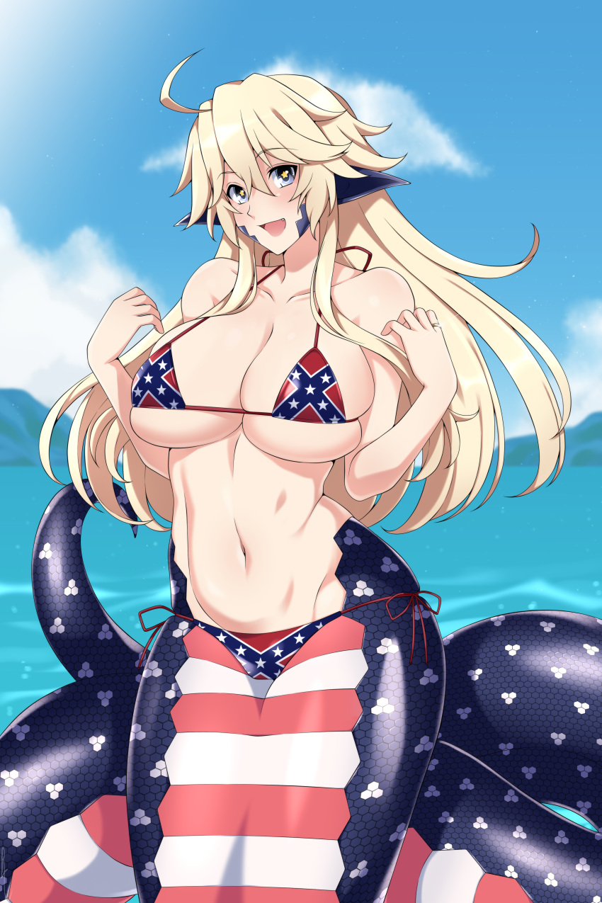 1girl absurdres ahoge alternate_body_size american_flag american_flag_print beach bikini blonde_hair blue_eyes blush breasts cleavage commission commissioner_upload confederate_flag confederate_flag_bikini confederate_states_of_america day fang flag_print hair_between_eyes highres iowa_(kancolle) jewelry kantai_collection lamia large_breasts lindaroze long_hair looking_at_viewer monster_girl navel open_mouth outdoors ring scales sky smile solo standing star-shaped_pupils star_(symbol) striped swimsuit symbol-shaped_pupils wedding_band wedding_ring