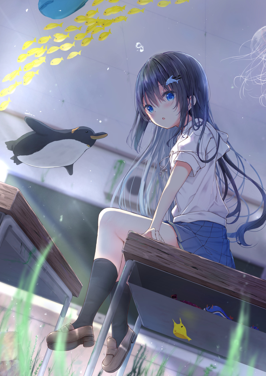 1girl :o animal bangs bird black_hair black_legwear blue_eyes blue_skirt blush brown_footwear commentary_request desk dolphin_hair_ornament drawstring eyebrows_visible_through_hair fish hair_between_eyes highres hood hood_down hoodie indoors jellyfish kouda_suzu loafers long_hair original parted_lips penguin pleated_skirt school_desk school_of_fish school_uniform shoes sitting skirt socks solo underwater very_long_hair white_hoodie