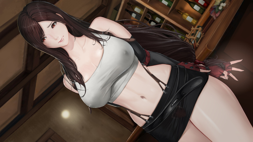 black_hair black_skirt bottle breasts dangle_earrings dutch_angle earrings final_fantasy highres indoors jewelry large_breasts long_hair navel pencil_skirt red_eyes shirt shisshou_senkoku skirt suspender_skirt suspenders suspenders_gap tank_top taut_clothes taut_shirt tavern tifa_lockhart white_tank_top wine_bottle wine_rack