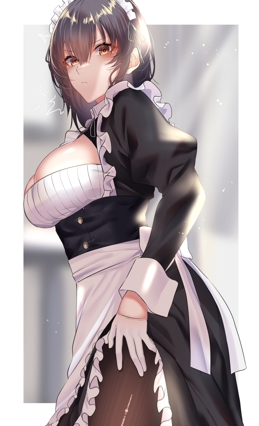 1girl apron bangs black_legwear blurry blurry_background border breasts brown_hair cleavage_cutout clothes_lift clothing_cutout eyebrows_visible_through_hair frills from_side frown gloves hair_between_eyes highres large_breasts lifted_by_self long_sleeves looking_at_viewer maid maid_apron maid_headdress onineko-chan original pantyhose short_hair skirt skirt_lift sweatdrop torn_clothes torn_legwear white_border white_gloves wrist_cuffs yellow_eyes