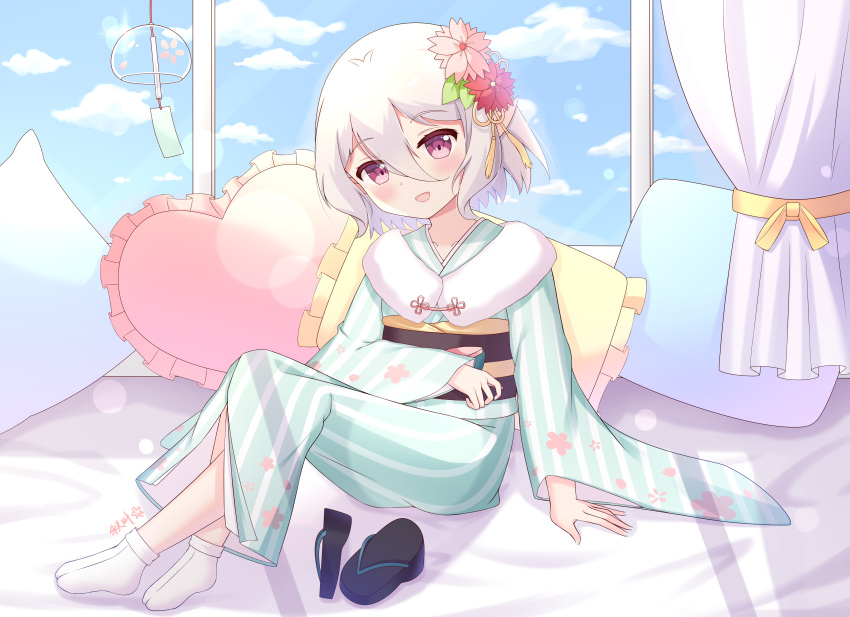 1girl :d absurdres bangs black_footwear blue_kimono blue_sky blush cloud commentary_request crossed_ankles curtains day eyebrows_visible_through_hair flower frilled_pillow frills full_body hair_between_eyes hair_flower hair_ornament head_tilt heart heart_pillow highres indoors japanese_clothes kimono kokkoro_(princess_connect!) liang_feng_qui_ye long_sleeves looking_at_viewer obi pillow pink_flower princess_connect! purple_eyes red_flower sash sky smile socks solo striped striped_kimono tabi vertical-striped_kimono vertical_stripes white_hair white_l wide_sleeves wind_chime zouri