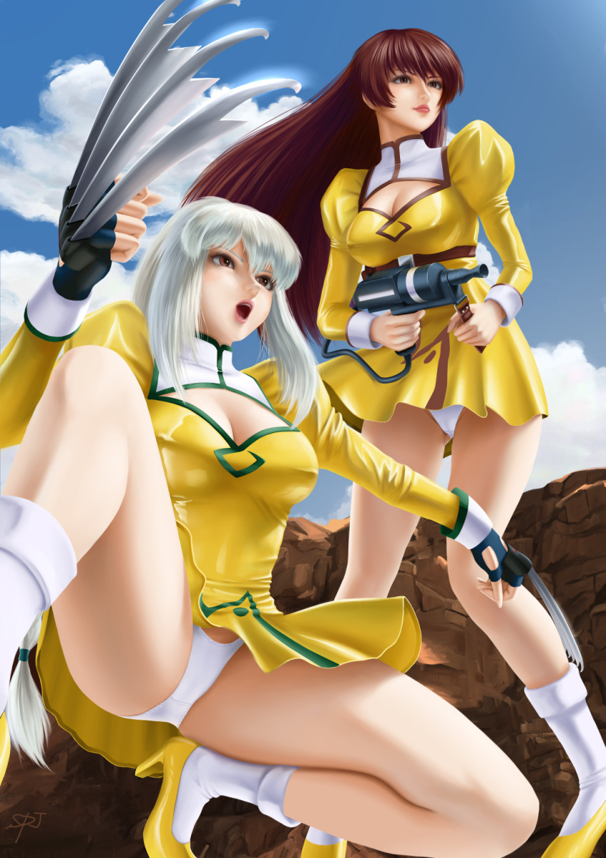 2girls agent_aika aika_(series) bangs blue_sky bobby_socks braid breasts brown_eyes brown_hair cameltoe claws cleavage cleavage_cutout clothing_cutout cloud commentary covered_nipples crotch_seam day delmogeny_uniform dress golden_delmo gun hair_intakes high_heels highres holding holding_gun holding_weapon juliet_sleeves large_breasts long_hair long_sleeves multiple_girls outdoors panties pouch puffy_sleeves sania_(agent_aika) silver_hair sky smile socks spj squatting standing tonia underwear uniform weapon white_legwear white_panties yellow_dress yellow_footwear