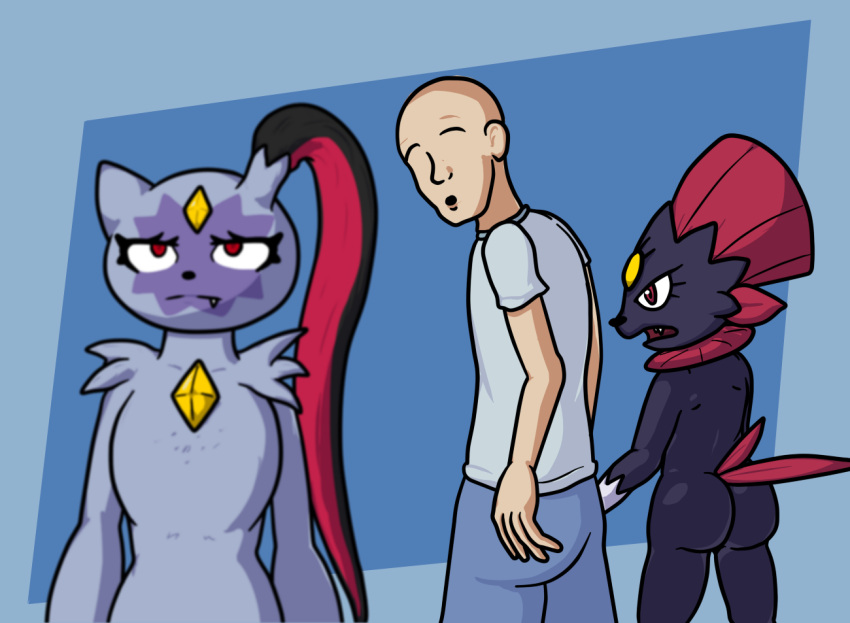 angry anthro bald black_body black_fur blurred_foreground butt clothed clothing distracted_boyfriend eyebrows faceless_character faceless_human female fur group hand_holding human jealous looking_at_viewer looking_back male male/female mammal meme naughtysableye nintendo open_mouth pok&eacute;mon pok&eacute;mon_(species) purple_body purple_fur raised_eyebrows simple_background sneasler video_games weavile