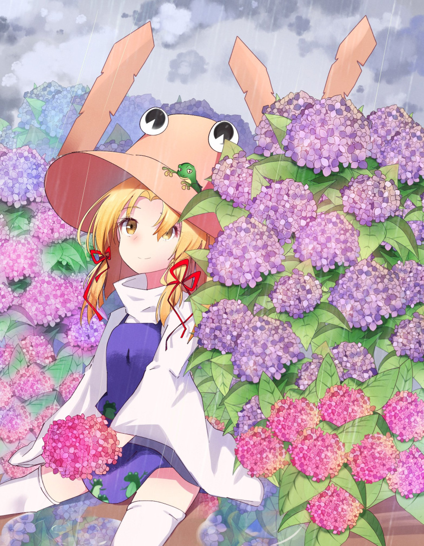 1girl ametama_(runarunaruta5656) animal_print bangs blonde_hair blush bouquet breasts bush closed_mouth cloud cloudy_sky commentary_request eyelashes frog_on_head frog_print hair_ribbon highres holding holding_bouquet long_sleeves looking_at_viewer medium_hair moriya_suwako outdoors parted_bangs purple_skirt purple_vest pyonta rain red_ribbon ribbon shirt sidelocks sitting skirt sky small_breasts solo sotoba thighhighs touhou turtleneck vest water_drop white_legwear white_shirt wide_sleeves yellow_eyes