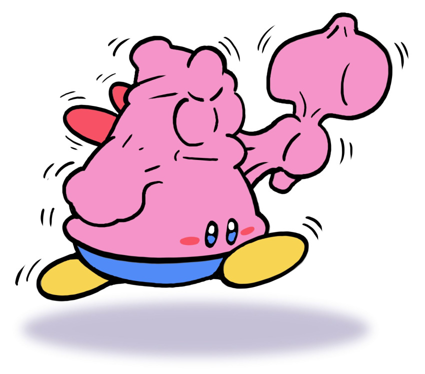 :/ alien ambiguous_gender anthro avian bird blue_body blue_eyes blush blush_stickers clothing duo feet frown galactabee hammer hat headgear headwear hi_res holding_object holding_weapon humor inside_mouth king_dedede kirby kirby_(series) kirby_and_the_forgotten_land male nintendo penguin pink_body running simple_background tools video_games vore waddling_head weapon white_background