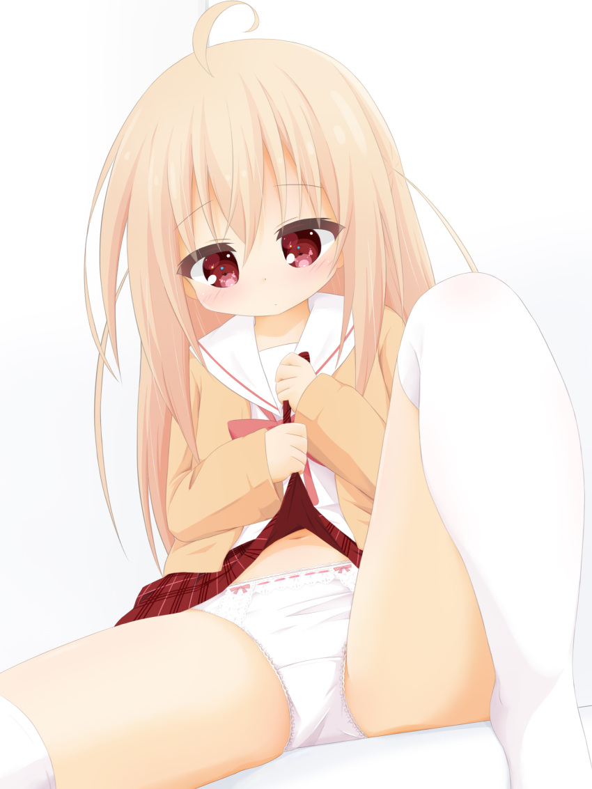 1girl absurdres ahoge bangs blush bow bow_panties brown_cardigan cardigan closed_mouth clothes_lift commentary_request dutch_angle eyebrows_visible_through_hair hair_between_eyes highres knee_up lifted_by_self light_brown_hair long_hair long_sleeves looking_at_viewer navel no_shoes open_cardigan open_clothes original panties plaid plaid_skirt puffy_long_sleeves puffy_sleeves red_bow red_skirt ri-net ribbon-trimmed_panties sailor_collar school_uniform serafuku shirt simple_background sitting skirt skirt_lift sleeves_past_wrists solo thighhighs underwear very_long_hair white_background white_legwear white_panties white_sailor_collar white_shirt