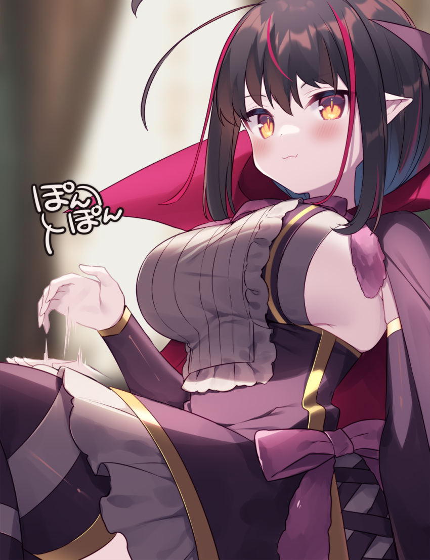 1girl black_hair blush breasts commentary_request detached_sleeves fang flower_knight_girl highres karaitosou_(flower_knight_girl) large_breasts long_sleeves looking_at_viewer looking_down multicolored_hair patting_lap pointy_ears red_hair sideboob skin_fang solo streaked_hair usamata yellow_eyes