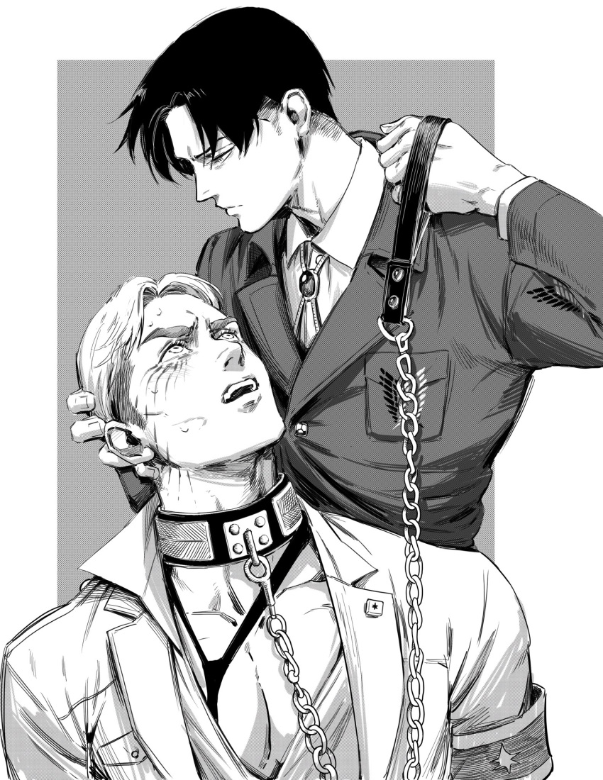 2boys bdsm black_hair blonde_hair bondage bound chain commentary dudlesnoodles erwin_smith greyscale highres levi_(shingeki_no_kyojin) looking_at_another male_focus monochrome multiple_boys paradis_military_uniform shingeki_no_kyojin short_hair uniform