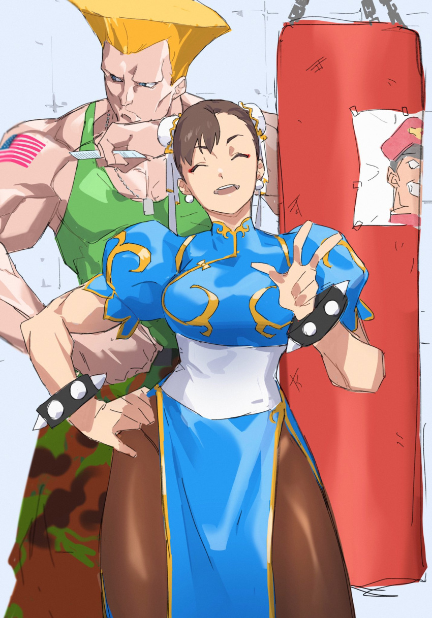 1boy 1girl american_flag blonde_hair blue_eyes bracelet brown_hair camouflage camouflage_pants china_dress chinese_clothes chun-li closed_eyes closed_mouth double_bun dress green_tank_top guile hat highres jewelry looking_to_the_side muscular muscular_female muscular_male open_mouth pants pantyhose pretty-purin720 punching_bag red_headwear smile spiked_bracelet spikes street_fighter tank_top tattoo v vega