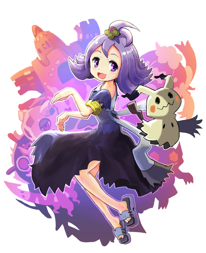 1girl :3 acerola_(pokemon) antenna_hair armlet bangs blue_footwear blush blush_stickers commentary dhelmise dress drifblim flat_chest froslass full_body hair_ornament hands_up happy highres light_blush looking_back looking_to_the_side menome mimikyu open_mouth outline palossand pokemon pokemon_(creature) pokemon_(game) pokemon_sm purple_dress purple_eyes purple_hair sableye sandals shiny shiny_hair short_hair short_sleeves smile solo_focus white_background white_outline