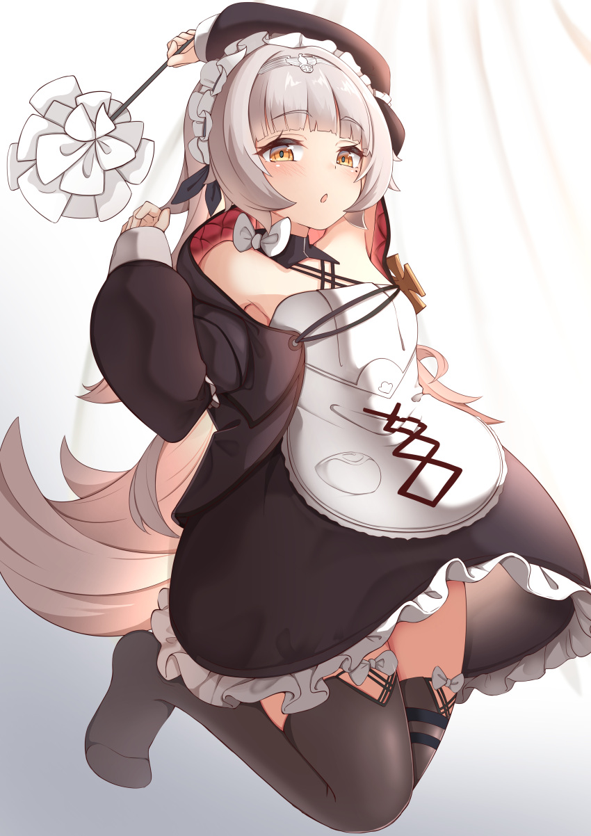1girl absurdres apron arm_up azur_lane bare_shoulders beret black_headwear black_jacket black_legwear black_skirt blush brown_eyes commentary_request duster frilled_skirt frills grey_hair hand_up hat headpiece highres holding jacket long_hair long_sleeves looking_at_viewer moyoron official_alternate_costume parted_lips puffy_long_sleeves puffy_sleeves skirt solo standing standing_on_one_leg thighhighs tilted_headwear very_long_hair waist_apron white_apron z46_(azur_lane) z46_(chronicles_of_the_dust_war)_(azur_lane)