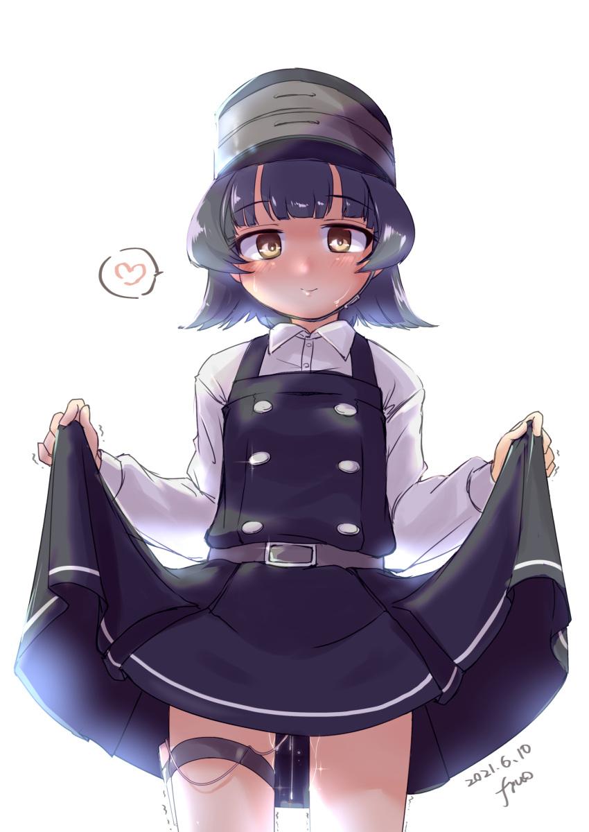 1girl absurdres arare_(kancolle) arare_kai_ni_(kancolle) bangs black_dress black_hair blush brown_eyes closed_mouth commentary_request dated dress eyebrows_visible_through_hair fyuo hat heart highres implied_vibrator kantai_collection lifted_by_self long_sleeves looking_at_viewer pinafore_dress pussy_juice sex_toy shirt signature simple_background solo spoken_heart thigh_strap trembling vibrator vibrator_in_thigh_strap white_background white_shirt