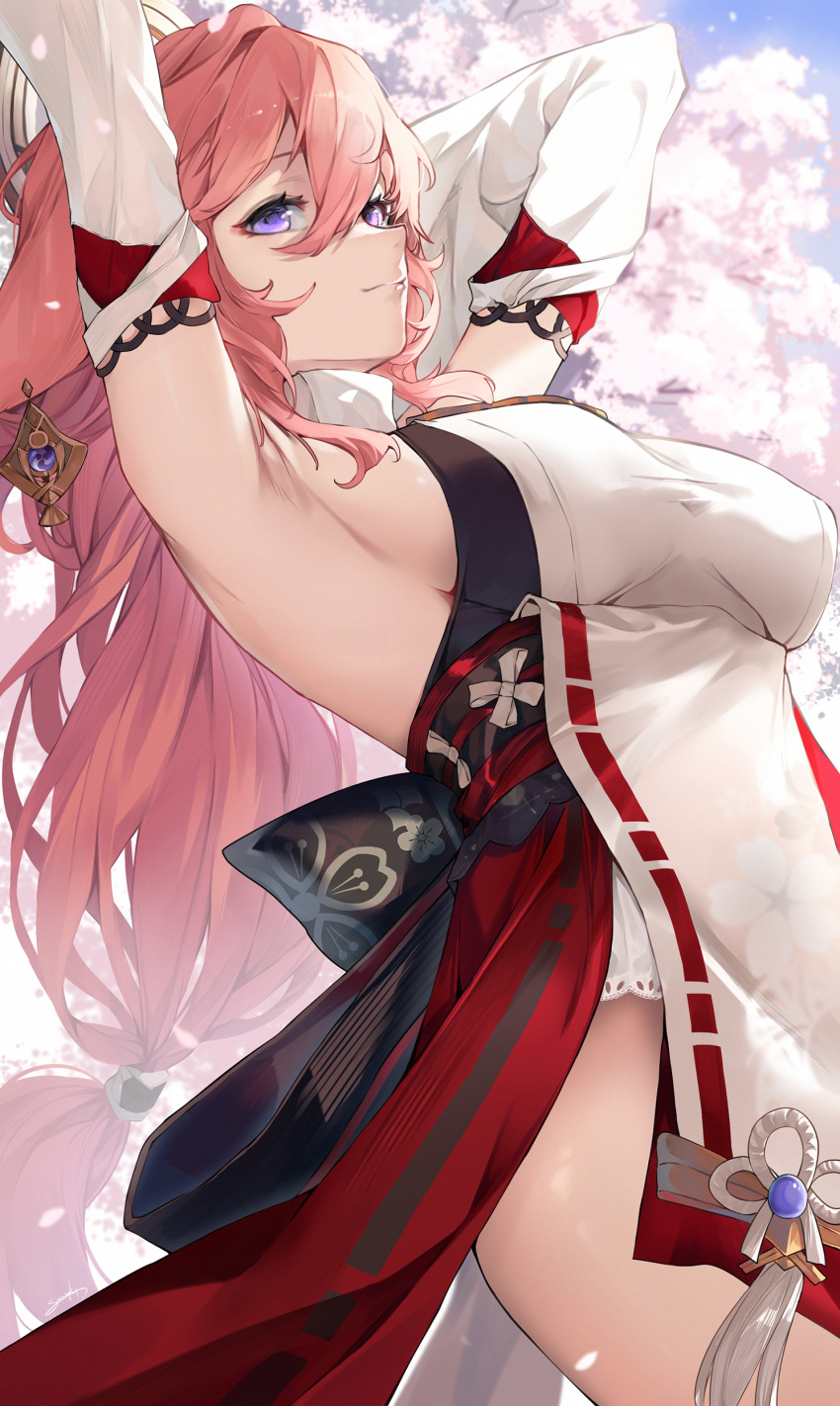 1girl absurdres animal_ears armpits arms_behind_head arms_up bare_shoulders breasts closed_mouth detached_sleeves earrings floppy_ears flower_knot fox_ears genshin_impact hair_between_eyes highres japanese_clothes jewelry kimono large_breasts long_hair long_sleeves looking_at_viewer miko nontraditional_miko obi pink_hair purple_eyes sash snozaki solo very_long_hair vision_(genshin_impact) white_kimono yae_miko