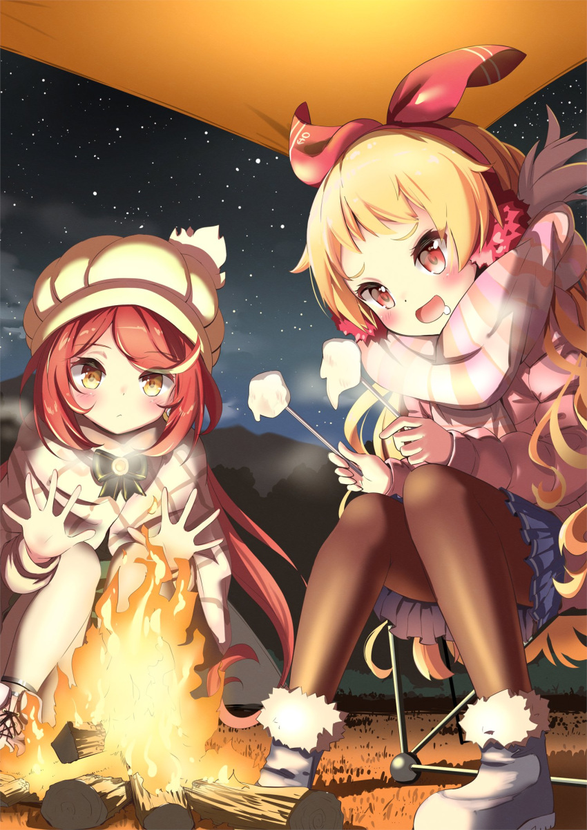 2girls azur_lane black_legwear black_ribbon blonde_hair blue_skirt blush boots campfire camping camping_chair coat commission crown_hair_ornament earmuffs earrings food forest fur-trimmed_boots fur_trim grass hat highres holding jenkins_(azur_lane) jersey_(azur_lane) jewelry log long_hair marshmallow mountain multiple_girls n2midori nature night night_sky open_mouth pantyhose red_eyes red_hair red_ribbon ribbon saliva scarf skeb_commission skirt sky smile tent twintails warming_hands wavy_hair white_legwear winter_clothes winter_coat yellow_eyes yurucamp