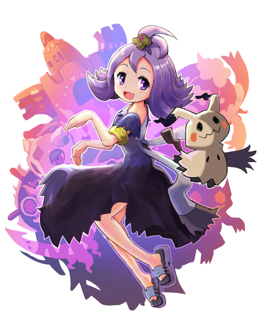 1girl :3 acerola_(pokemon) antenna_hair armlet backlighting bangs blue_footwear blush blush_stickers commentary dhelmise dress drifblim flat_chest froslass full_body hair_ornament hands_up happy highres light_blush looking_back looking_to_the_side menome mimikyu open_mouth outline palossand pokemon pokemon_(creature) pokemon_(game) pokemon_sm purple_dress purple_eyes purple_hair sableye sandals shiny shiny_hair short_hair short_sleeves smile solo_focus white_background white_outline