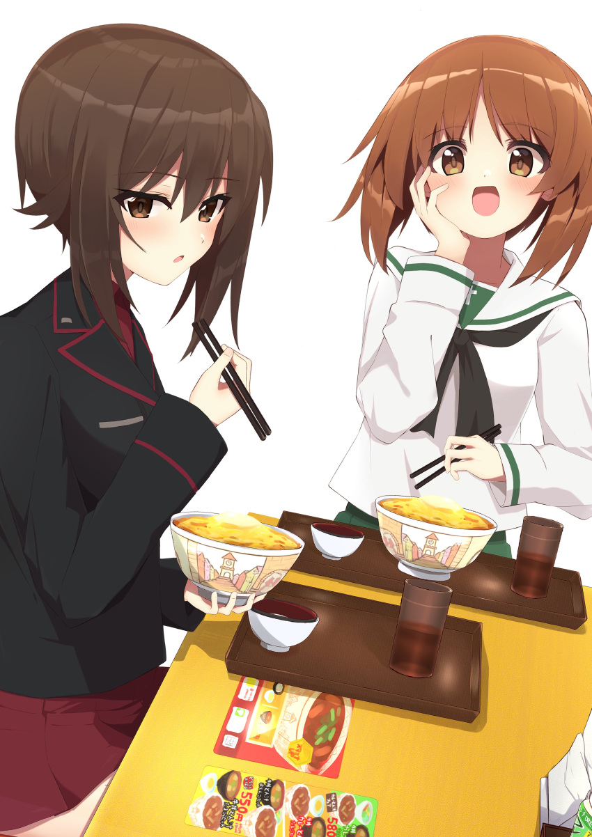 2girls :d absurdres black_jacket black_neckerchief blouse blush bowl brown_eyes brown_hair chopsticks cup dress_shirt eating eyebrows_visible_through_hair food girls_und_panzer green_skirt gyuudon hand_on_own_cheek hand_on_own_face highres holding holding_bowl holding_chopsticks jacket kuromorimine_military_uniform long_sleeves multiple_girls nasunegiuni neckerchief nishizumi_maho nishizumi_miho ooarai_school_uniform pleated_skirt red_shirt red_skirt sailor_collar school_uniform shirt short_hair simple_background skirt smile sukiya white_background white_blouse white_sailor_collar wing_collar