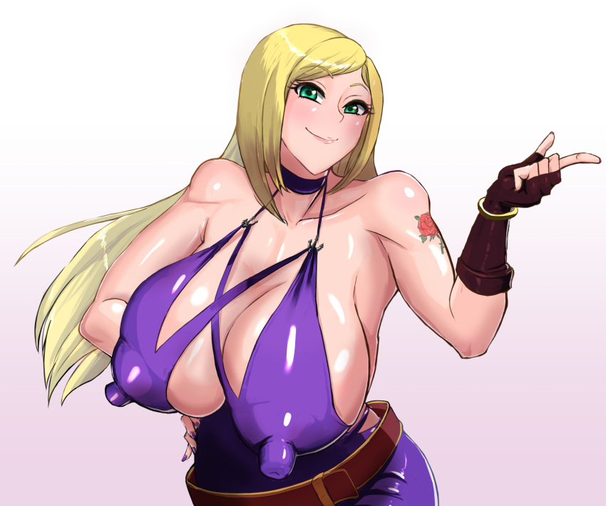 1girl arm_tattoo bare_shoulders belt blonde_hair bracelet breasts choker cleavage cover dress fatal_fury fingerless_gloves flower_tattoo gloves green_eyes highres jenet_behrn jewelry kasutoro_(castroll) large_breasts lips long_dress long_hair loose_belt mark_of_the_wolves purple_choker purple_dress red_gloves smile solo tattoo the_king_of_fighters the_king_of_fighters_xv