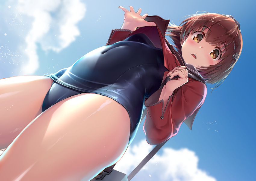 1girl bangs blue_swimsuit blush breasts brown_eyes brown_hair clothes_lift cloud covered_navel day eyebrows_visible_through_hair from_below hair_between_eyes hair_ornament headgear highres kantai_collection lifted_by_self long_sleeves looking_at_viewer outdoors parted_lips red_sailor_collar sailor_collar school_swimsuit school_uniform serafuku shinozuka_jouji shirt_lift short_hair sky small_breasts solo swimsuit swimsuit_under_clothes tan_yang_(kancolle) teeth thighs upper_teeth yukikaze_(kancolle)