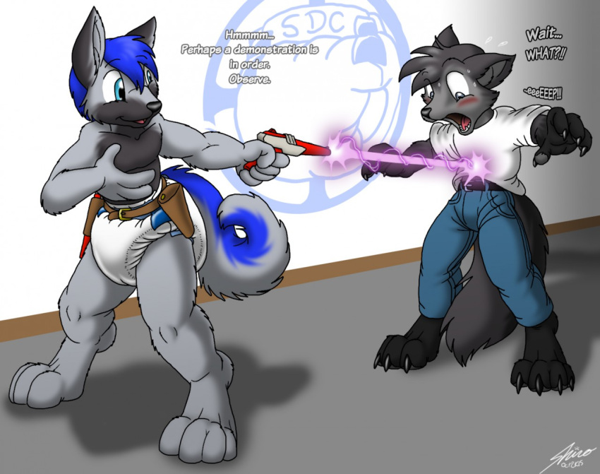 anthro blush bodily_fluids canid canine canis catmonkshiro diaper duo english_text fox gun impending_feces laser laser_beam laser_gun male mammal ranged_weapon raygun shooting surprise sweat sweatdrop text weapon wolf