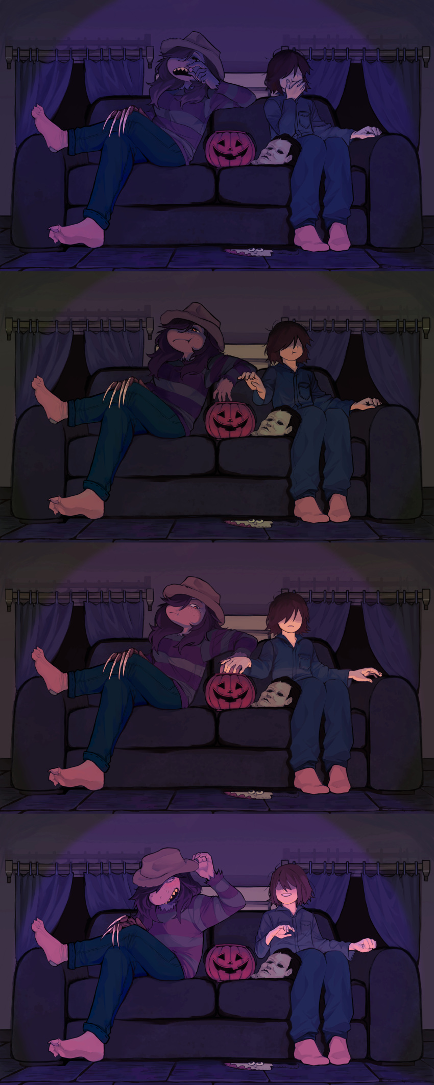 5_fingers absurd_res anthro awkward awkward_smile bodily_fluids bottomwear candy claw_gloves claws clothed clothing comic costume coveralls crossed_legs curtains deltarune dessert dim_lighting dinosaur dragon duo eating fangs fedora female fingers floor food footwear freckles freddy_krueger fruit fully_clothed furniture hair halloween halloween_(film) halloween_costume halloween_pumpkin hand_holding hat headgear headwear hi_res holidays human humanoid inside knife kris_(deltarune) larger_female living_room long_hair male male/female mammal mask michael_myers minominoks monster nails night nightmare_on_elm_street on_sofa pale_skin pants patched_clothing pattern_clothing pattern_sweater pattern_topwear plant pumpkin purple_body purple_skin reptile scalie sharp_nails sharp_teeth sharp_toenails sitting sitting_together size_difference smaller_male smile socks sofa striped_clothing striped_sweater striped_topwear stripes susie_(deltarune) sweat sweater teeth tile tile_floor toe_claws toenails topwear torn_clothing torn_footwear torn_socks toy undertale_(series) video_games watching_tv weapon window