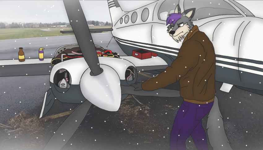 aircraft airplane airport alcohol anthro beer beverage canid canine canis clothing engine fur grey_body grey_fur jacket male mammal mechanic nicolasthewolf propeller snow solo topwear wolf