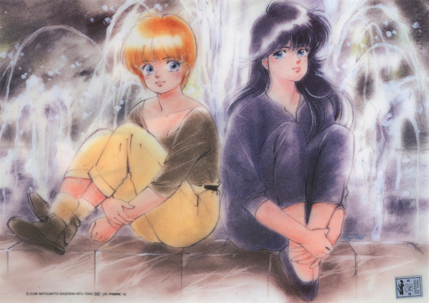 1980s_(style) ayukawa_madoka bangs black_hair blue_eyes copyright crossed_ankles eyebrows_visible_through_hair fountain highres hiyama_hikaru hugging_own_legs kimagure_orange_road knees_up long_hair official_art orange_hair retro_artstyle scan short_hair sitting sleeves_past_elbows takada_akemi