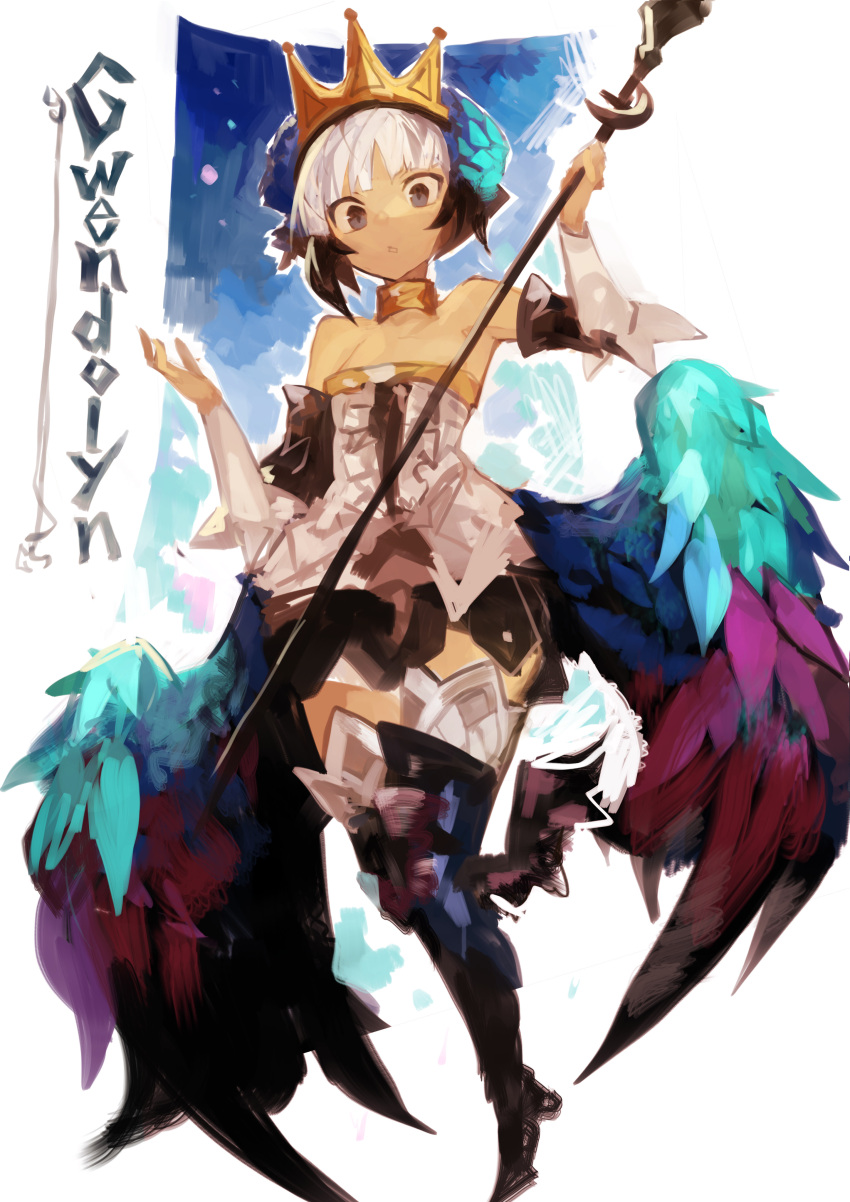 1girl absurdres armor armored_dress black_armor crown dress gwendolyn_(odin_sphere) highres kaamin_(mariarose753) multicolored_wings odin_sphere polearm short_hair solo spear strapless strapless_dress valkyrie weapon wings