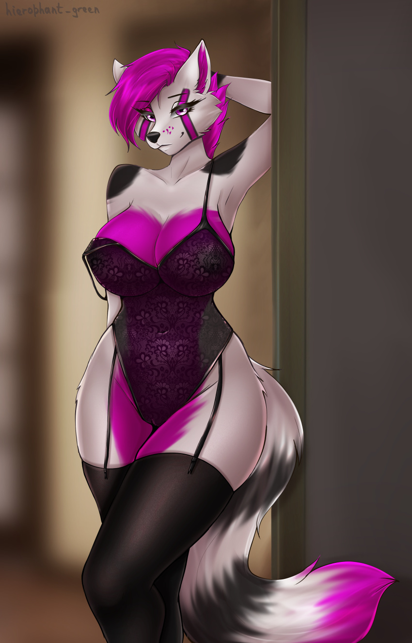 absurd_res anthro areola big_breasts black_areola black_body black_clothing black_fur black_legwear black_nipples black_stockings breasts canid canine clothed clothing curvy_figure digital_media_(artwork) eyelashes female fur genitals hair hand_behind_head hi_res hierophant_green_(artist) hourglass_figure inside legwear lingerie looking_at_viewer mammal navel nipples off_shoulder pink_body pink_eyes pink_fur pink_hair portrait pussy shaded shie_(silence_morder) solo standing stockings teddy_(clothing) three-quarter_portrait translucent translucent_clothing translucent_lingerie white_body white_fur