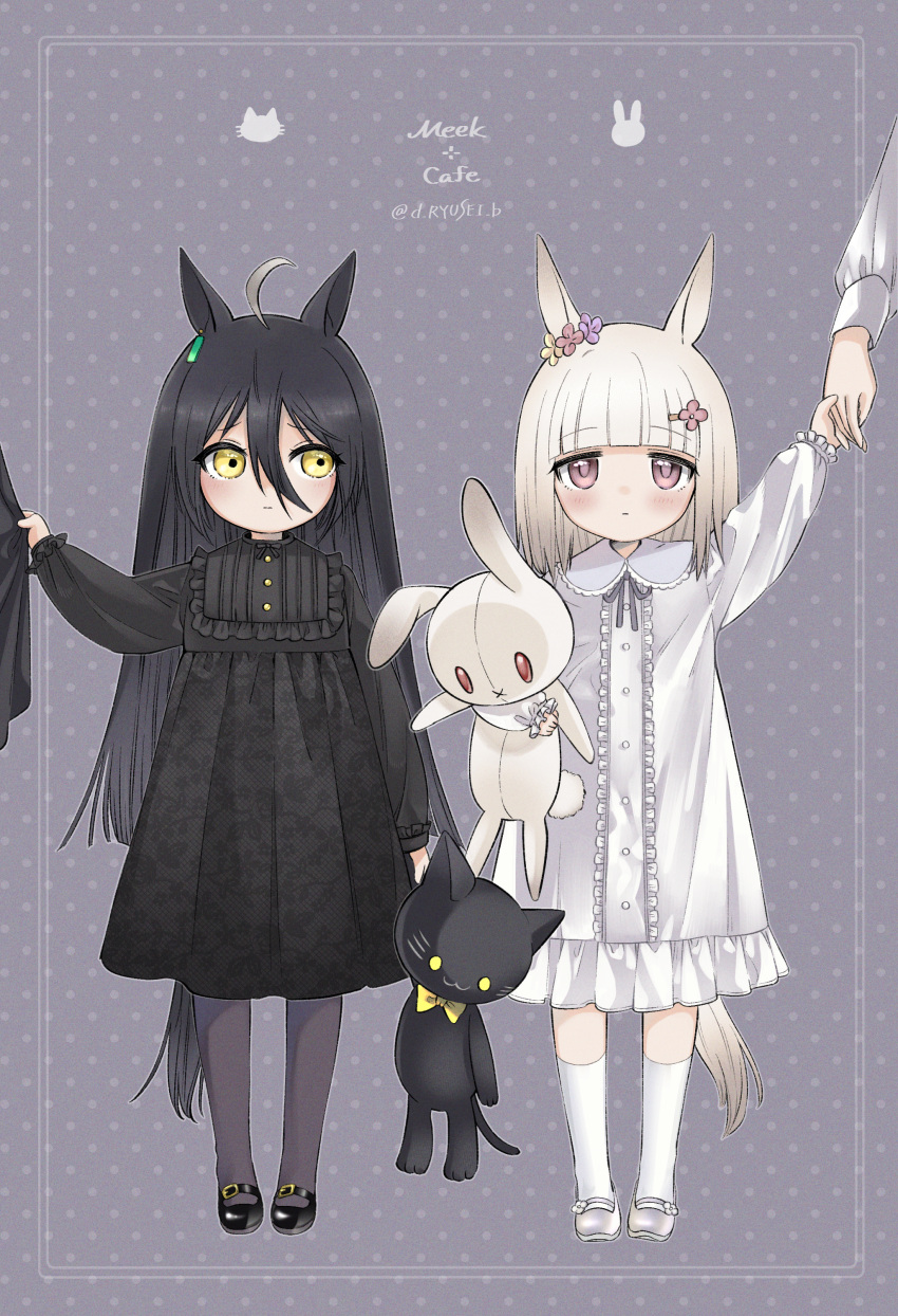 2girls absurdres ahoge animal_ears bangs black_dress black_footwear black_hair black_legwear blunt_bangs blush character_name dress earrings flower frown hair_flower hair_ornament hairclip happy_meek_(umamusume) highres holding holding_hands holding_stuffed_toy horse_ears horse_girl horse_tail jewelry kneehighs loafers long_sleeves looking_at_another looking_at_viewer manhattan_cafe_(umamusume) mary_janes multicolored_hair multiple_girls out_of_frame pink_hair puzzle157xxx shoes single_earring standing streaked_hair stuffed_animal stuffed_bunny stuffed_cat stuffed_toy tail twitter_username umamusume white_dress white_legwear yellow_eyes younger