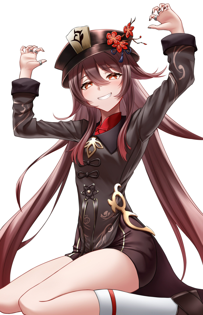 1girl arms_up bangs black_jacket black_shorts brown_hair chinese_clothes eyebrows_visible_through_hair flower genshin_impact ghost_pose gradient_hair grey_background grin hair_between_eyes hat hat_flower highres hu_tao_(genshin_impact) jacket jewelry kneehighs long_hair looking_at_viewer multicolored_hair multiple_rings naga_(pixiv70891418) plum_blossoms porkpie_hat red_eyes red_hair red_shirt ring shirt shorts simple_background sitting smile solo symbol-shaped_pupils teeth thighs twintails very_long_hair wariza