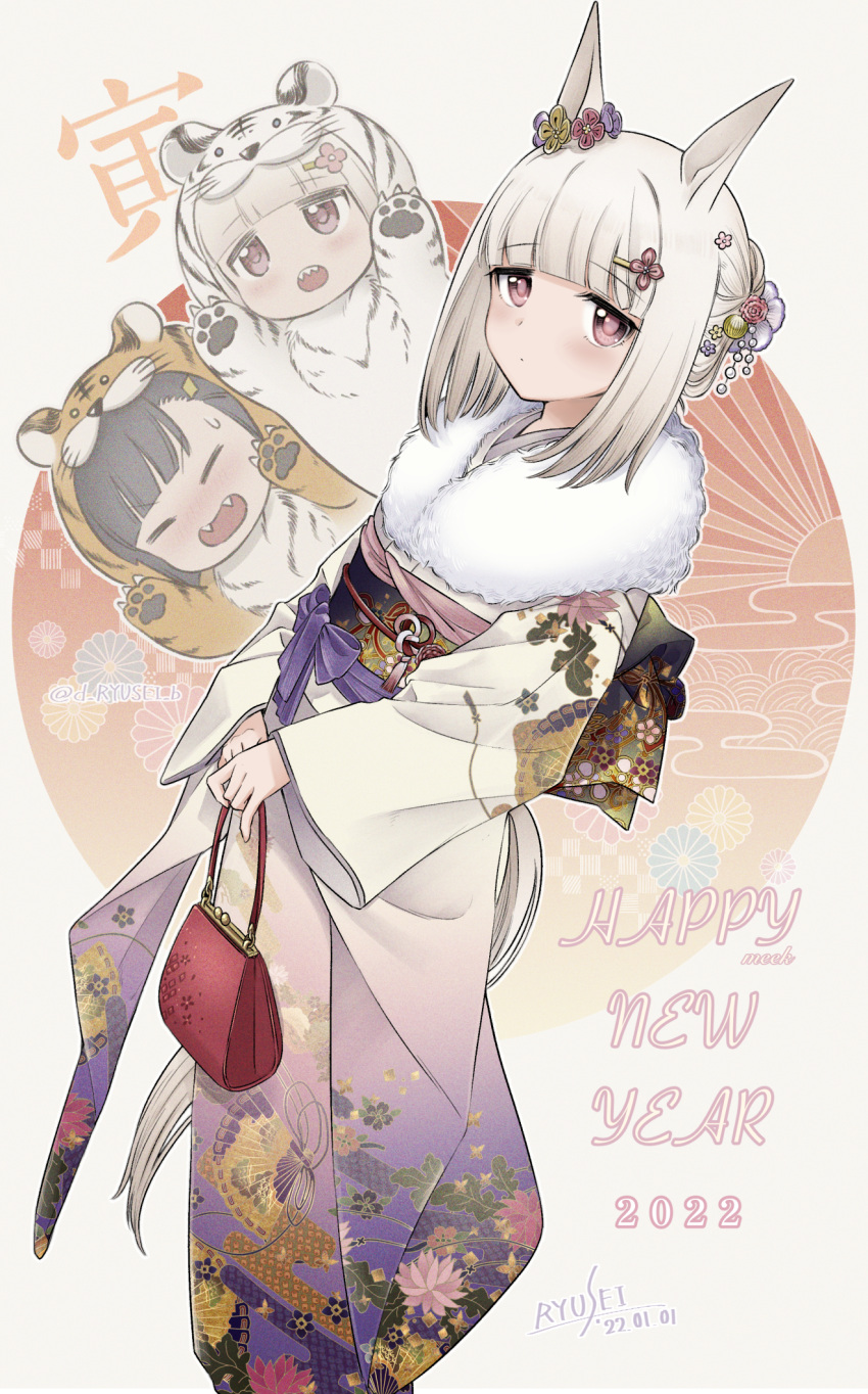 2022 2girls animal_costume animal_ears animal_print artist_name bag bangs blunt_bangs blush brown_hair chibi chibi_inset dated flower fur-trimmed_kimono fur_trim hair_bun hair_flower hair_ornament hairclip handbag happy_meek_(umamusume) happy_new_year highres holding holding_bag horse_ears japanese_clothes kimono kiryuuin_aoi long_sleeves looking_at_viewer medium_hair multiple_girls new_year obi pink_eyes puzzle157xxx raised_eyebrows sash tiger_costume tiger_print twitter_username umamusume