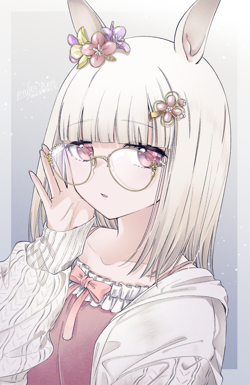 1girl absurdres adjusting_eyewear animal_ears artist_name bangs bespectacled bount bow camisole flower glasses grey_hair hair_flower hair_ornament happy_meek_(umamusume) highres horse_ears jacket long_sleeves looking_at_viewer open_clothes open_jacket parted_lips pink_bow pink_camisole pink_hair puzzle157xxx round_eyewear solo twitter_username umamusume upper_body white_jacket