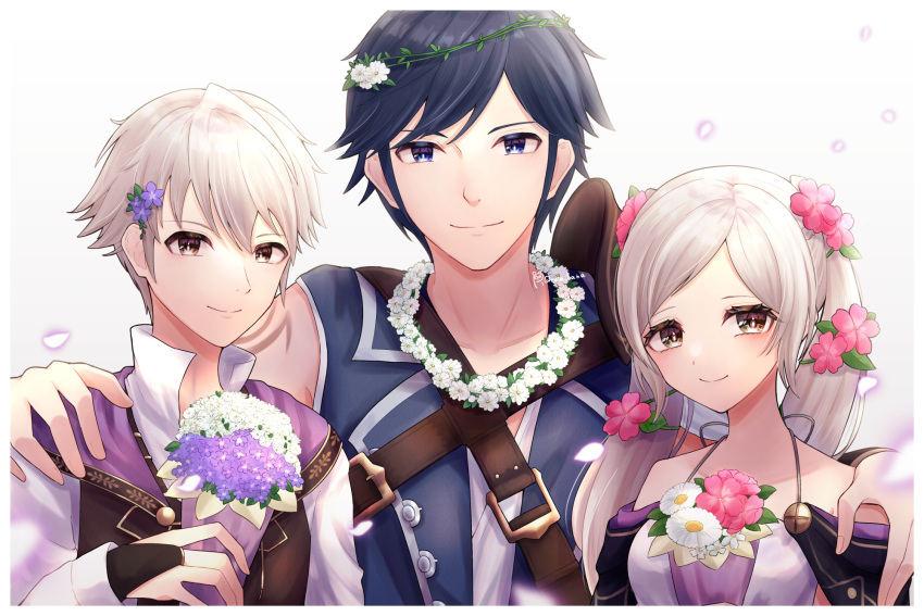 1girl 2boys blue_hair bouquet chrom_(fire_emblem) dual_persona fire_emblem fire_emblem_awakening fire_emblem_heroes flower flower_necklace hair_flower hair_ornament hand_on_another's_shoulder head_wreath highres jewelry looking_at_viewer multiple_boys necklace official_alternate_costume reia_hana robin_(fire_emblem) robin_(fire_emblem)_(female) robin_(fire_emblem)_(male) short_hair silver_hair smile twintails upper_body