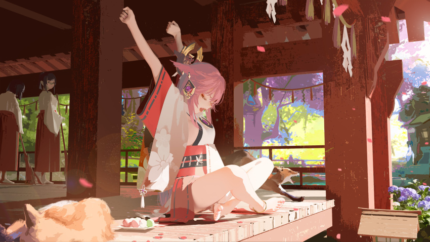 3girls absurdres animal animal_ears anklet architecture arms_up bamboo_broom bare_legs black_hair broom cherry_blossoms cleaning closed_eyes crossed_legs dango day detached_sleeves earrings east_asian_architecture flower food fox fox_ears genshin_impact hair_ornament hakama hakama_skirt highres interior japanese_clothes jewelry kitsune long_hair looking_at_another miko multiple_girls obi open_mouth petals pink_hair purple_flower red_skirt sash scenery skirt stretch sunlight tacshojosora tree vision_(genshin_impact) wagashi wide_sleeves wooden_ceiling wooden_floor wooden_railing yae_miko yawning