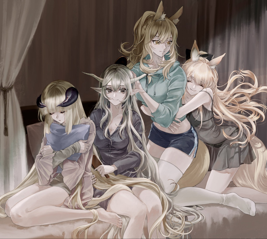 4girls alternate_costume animal_ear_fluff animal_ears aqua_hoodie arknights bangs bare_legs bare_shoulders barefoot bed_sheet black_bow black_bra black_panties black_shirt black_shorts blemishine_(arknights) blonde_hair blunt_bangs bow bra breasts brown_eyes cleavage closed_eyes closed_mouth collarbone comb combing curtains dolphin_shorts drawstring eyebrows_visible_through_hair hair_bow highres holding hood hood_down horns horse_ears horse_girl horse_tail hug hug_from_behind indoors kneeling large_breasts lingerie long_hair long_sleeves looking_at_viewer looking_back multiple_girls nearl_(arknights) nightgown nightingale_(arknights) object_hug okome_(okome9219) on_bed panties parted_lips pillow pillow_hug pointy_ears see-through shining_(arknights) shirt shorts siblings silver_hair sisters sitting sitting_on_bed sleeping sleeping_upright sleeves_past_wrists smile strap_slip tail thighhighs underwear underwear_only very_long_hair white_legwear