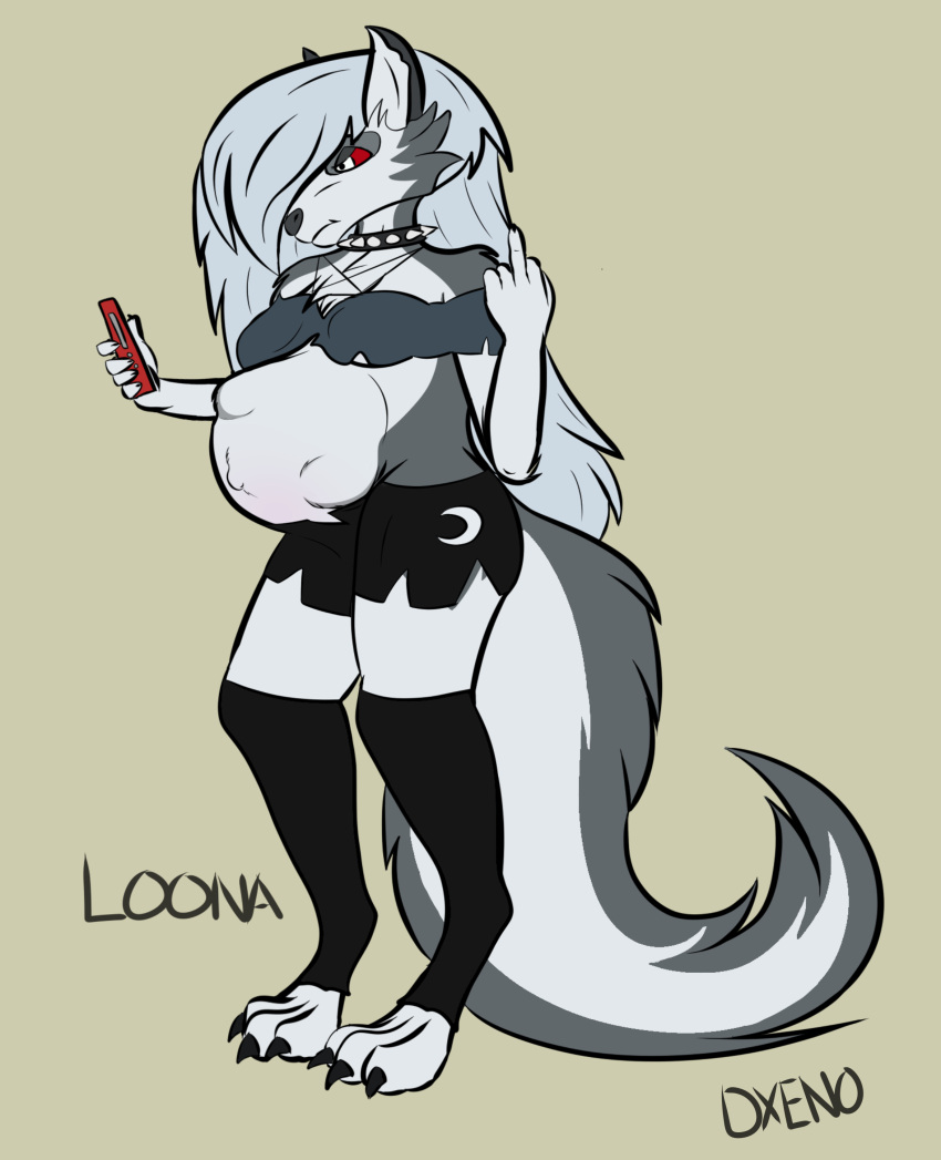 absurd_res angry anthro canid canid_demon canine canis demon female flipping_viewer_off gesture grumpy hellhound helluva_boss hi_res kicks loona_(helluva_boss) mammal middle_finger phone pregnant pregnant_female solo texting wolf xenopony456