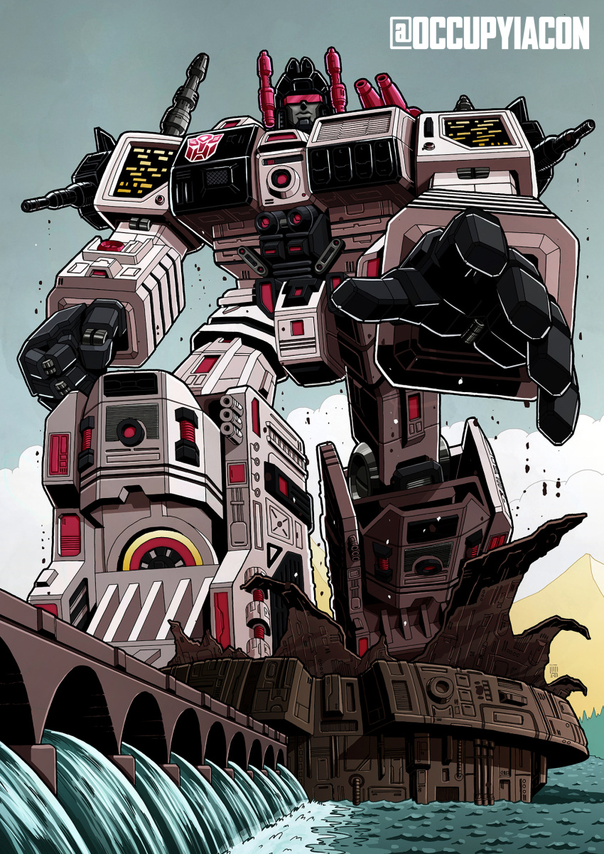 autobot clenched_hand cloud dam english_commentary highres jim_stafford mecha metroplex mountain open_hand sky solo transformers twitter_username visor western_comics_(style)