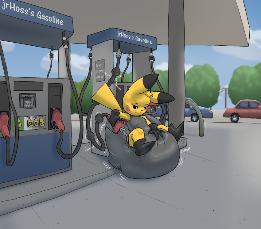 anthro background_sky big_diaper black_boots black_clothing black_footwear black_sclera bodily_fluids boots car clothing colored diaper diaper_fetish diaper_squish diapersuit digital_drawing_(artwork) digital_media_(artwork) footwear gas_pump gas_station gasoline genital_fluids hi_res male mammal nintendo onomatopoeia paru_(parumpee) parumpee pikachu plant pok&eacute;mon pok&eacute;mon_(species) rodent rubber rubber_clothing rubber_suit smug_grin solo sound_effects text tree urine vehicle video_games wet_diaper wetting wetting_diaper yellow_body