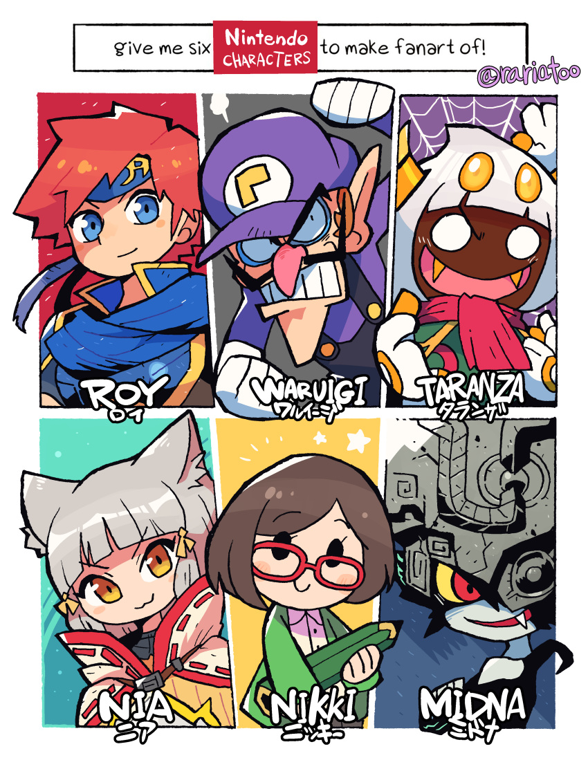 3boys 3girls :3 absurdres animal_ears cat_ears company_connection fangs fire_emblem fire_emblem:_the_binding_blade glasses grey_hair hat headband highres kirby:_triple_deluxe kirby_(series) mario_(series) midna monster_girl multiple_boys multiple_girls nia_(xenoblade) nikki_(swapnote) nintendo rariatto_(ganguri) red_hair roy_(fire_emblem) six_fanarts_challenge smile swapnote taranza the_legend_of_zelda the_legend_of_zelda:_twilight_princess waluigi xenoblade_chronicles_(series) xenoblade_chronicles_2