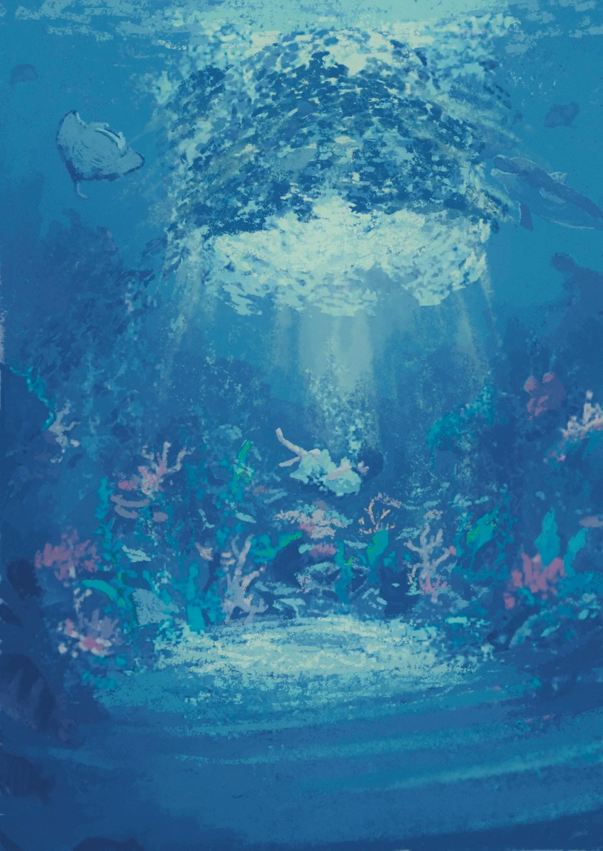 1girl artist_request bare_legs black_hair blue_theme bubble check_commentary commentary_request dress highres light_rays manta_ray plant saisyou scenery school_of_fish short_hair solo underwater white_dress wide_shot