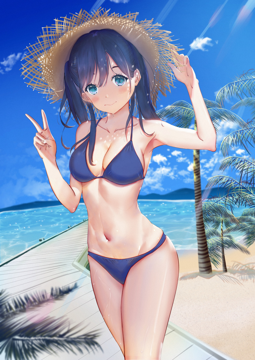 1girl absurdres bangs bare_arms bare_legs beach bikini black_hair blue_bikini blue_eyes blue_sky blush boardwalk breasts cleavage closed_mouth cloud collarbone day hair_ornament hand_on_headwear hat highres legs_together lolikongh long_hair looking_at_viewer medium_breasts mountainous_horizon navel ocean original outdoors palm_tree sky solo standing straw_hat swimsuit thighhighs tree v