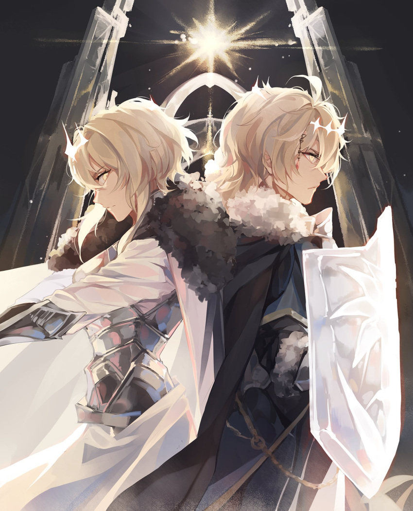 2boys ahoge armor back-to-back bangs black_cloak blonde_hair cloak closed_mouth commentary crown dainsleif_(genshin_impact) eyebrows_behind_hair fimyuan from_side fur-trimmed_cloak fur_trim genshin_impact hair_between_eyes highres holding holding_shield light light_rays multiple_boys serious shield short_hair sidelocks standing upper_body yellow_eyes