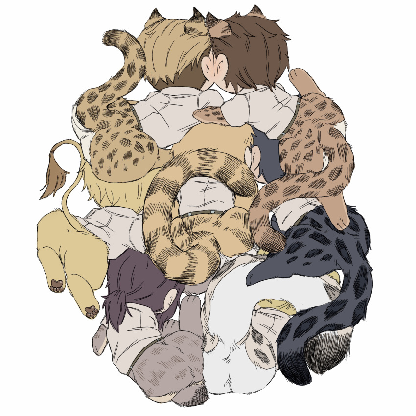 2boys 5boys absurdres animal_ears animal_feet animal_hands annie_leonhardt bertolt_hoover blonde_hair blush brothers brown_hair cheek-to-cheek chibi from_behind heads_together highres jaguar_boy jaguar_ears jaguar_girl jaguar_tail kemonomimi_mode lion_boy lion_ears lion_tail marcel_galliard marley_military_uniform multiple_boys pieck_finger porco_galliard reiner_braun shingeki_no_kyojin short_hair siblings smile tail tiger_boy tiger_ears tiger_tail zeke_yeager zunkome