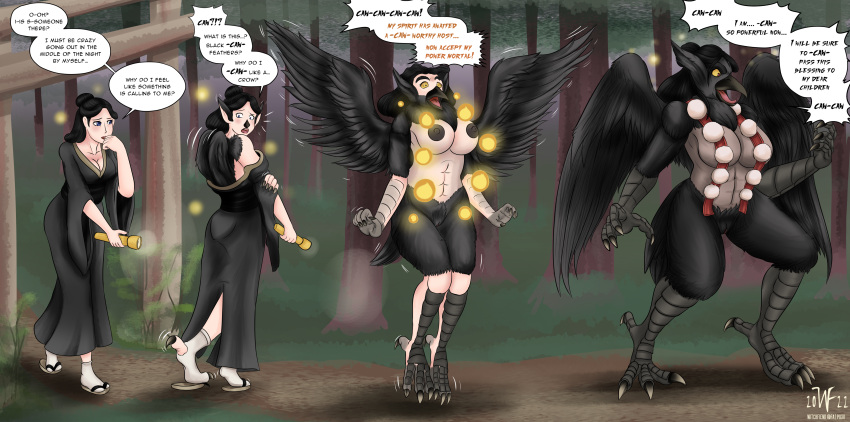 2022 absurd_res alternate_species anthro asian_mythology avian beak beak_growth big_breasts black_body black_feathers black_hair breast_expansion breasts detailed_background dialogue digital_media_(artwork) east_asian_mythology english_text expansion feathered_wings feathers female forest genitals growth hair hi_res human human_to_anthro japanese_mythology mammal meisa_(tomlloyd) mythology nipples plant possession pussy sequence solo species_transformation standing surprise talons tengu text torii transformation tree wing_growth wings witchfiend yellow_sclera yōkai