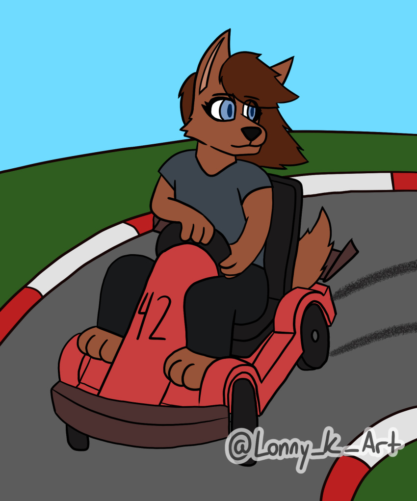 ambiguous_gender anthro canid canine canis domestic_dog drifting driving hi_res kart lonnyk looking_away mammal sky solo tire_tracks vehicle