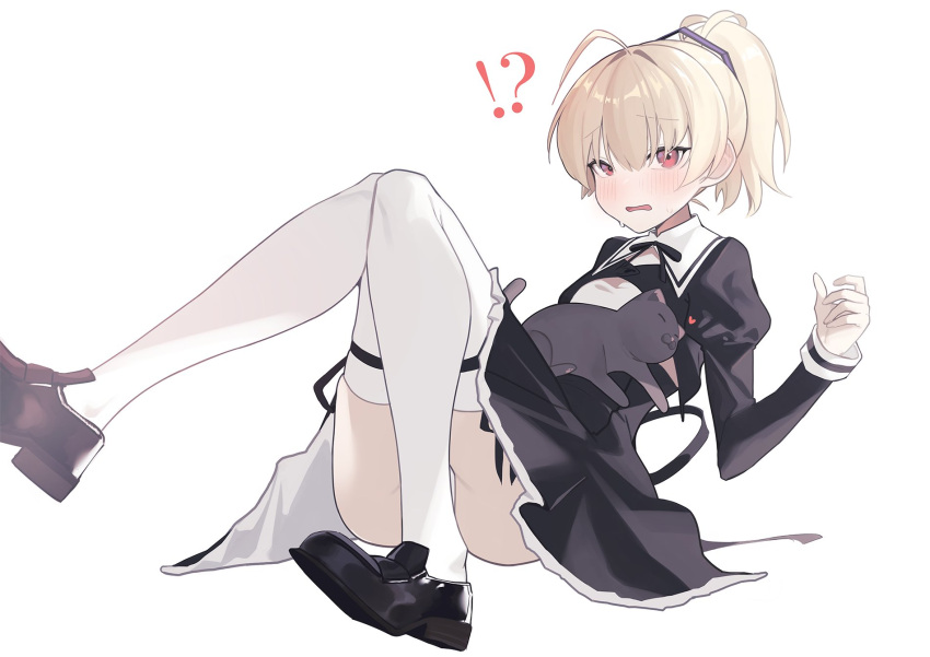 !? 1girl ahoge andou_tazusa animal assault_lily bangs black_cat black_footwear black_skirt blonde_hair blush cat cat_on_person commentary_request convenient_leg cropped_jacket eyebrows_visible_through_hair fataaa foot_out_of_frame hair_between_eyes hair_ribbon hand_up heart high-waist_skirt high_ponytail highres juliet_sleeves knees_together_feet_apart knees_up leaning_back leg_ribbon loafers long_sleeves looking_at_viewer neck_ribbon panties parted_lips puffy_sleeves purple_ribbon red_eyes ribbon school_uniform shoes short_hair short_ponytail simple_background sitting skirt solo striped striped_ribbon sweat thighhighs two-tone_ribbon underwear upskirt white_background white_legwear white_panties yurigaoka_girls_academy_school_uniform