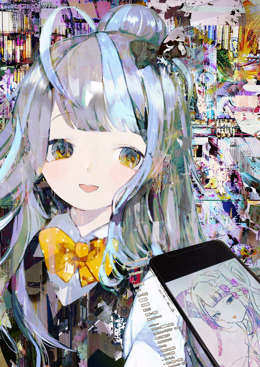 1girl abstract abstract_background ahoge anabone blue_hair blush bow bowtie cardigan_vest cellphone chouzetsusaikawa_tenshi-chan collared_shirt eyebrows_visible_through_hair grey_hair hair_bow hair_bun highres long_hair multicolored_hair needy_girl_overdose nyalra_(author) open_mouth original phone shirt smartphone smile two-tone_hair yellow_bow