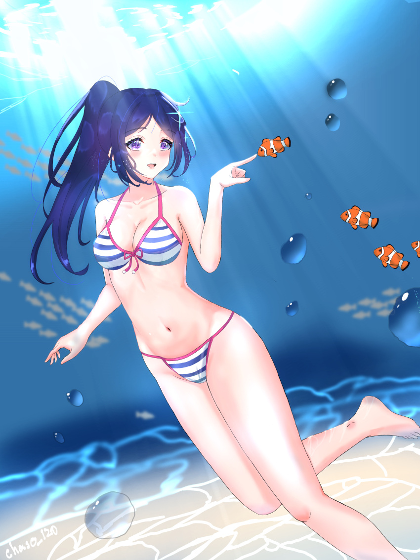 absurdres barefoot bikini blue_hair blush breasts cleavage fish freediving highres holding_breath light_rays long_hair love_live! love_live!_sunshine!! matsuura_kanan mmpy7485 ocean_bottom school_of_fish sparkle swimming swimsuit thighs underwater