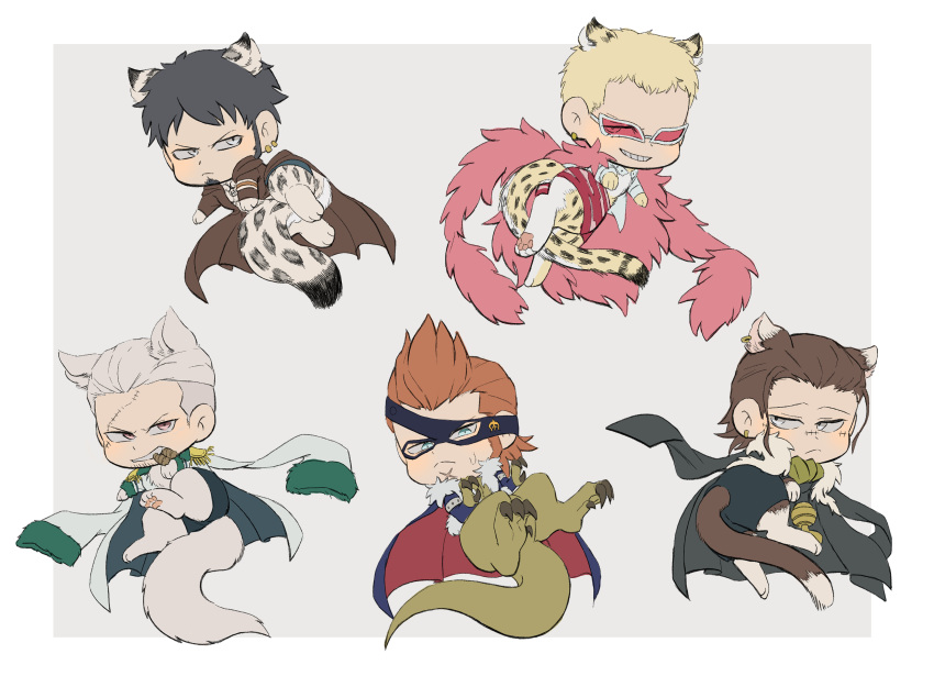 5boys absurdres animal_ears animal_feet animal_hands blonde_hair blush cape cat_boy cat_ears cat_tail chibi coat dinosaur_boy dinosaur_tail donquixote_doflamingo eyepatch feather_boa highres jaguar_boy jaguar_ears jaguar_tail kemonomimi_mode multiple_boys one_piece orange_hair panther_boy panther_ears panther_tail short_hair sir_crocodile smoker_(one_piece) tail tiger_boy tiger_ears tiger_tail trafalgar_law white_hair x_drake zunkome